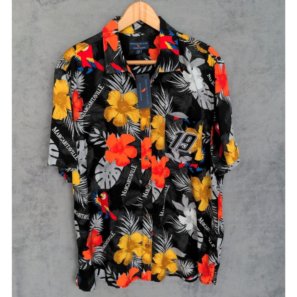 NWT Margaritaville Button Up Shirt Sz L Black Floral Martin Truex Jr #19 Casual